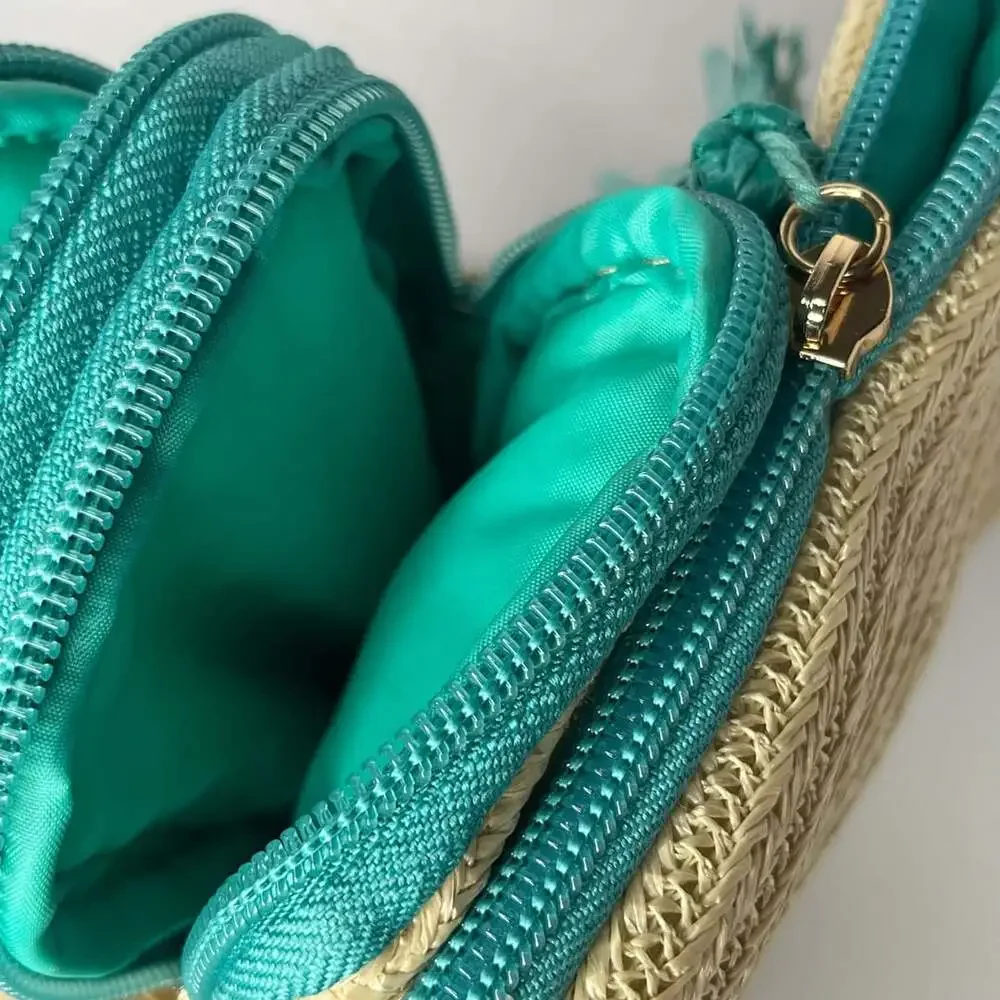 Woven Straw Cosmetic Travel Pouch with Teal Zipper and Tassel Detail
